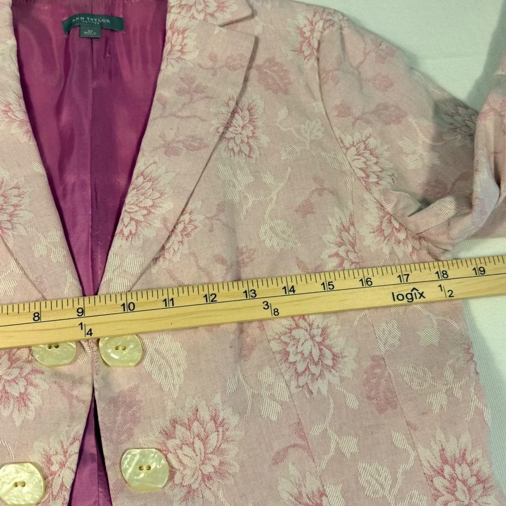 Ann Taylor Petites‎ 8P Pink Floral Jacquard Brocade Linen blend Blazer Easter